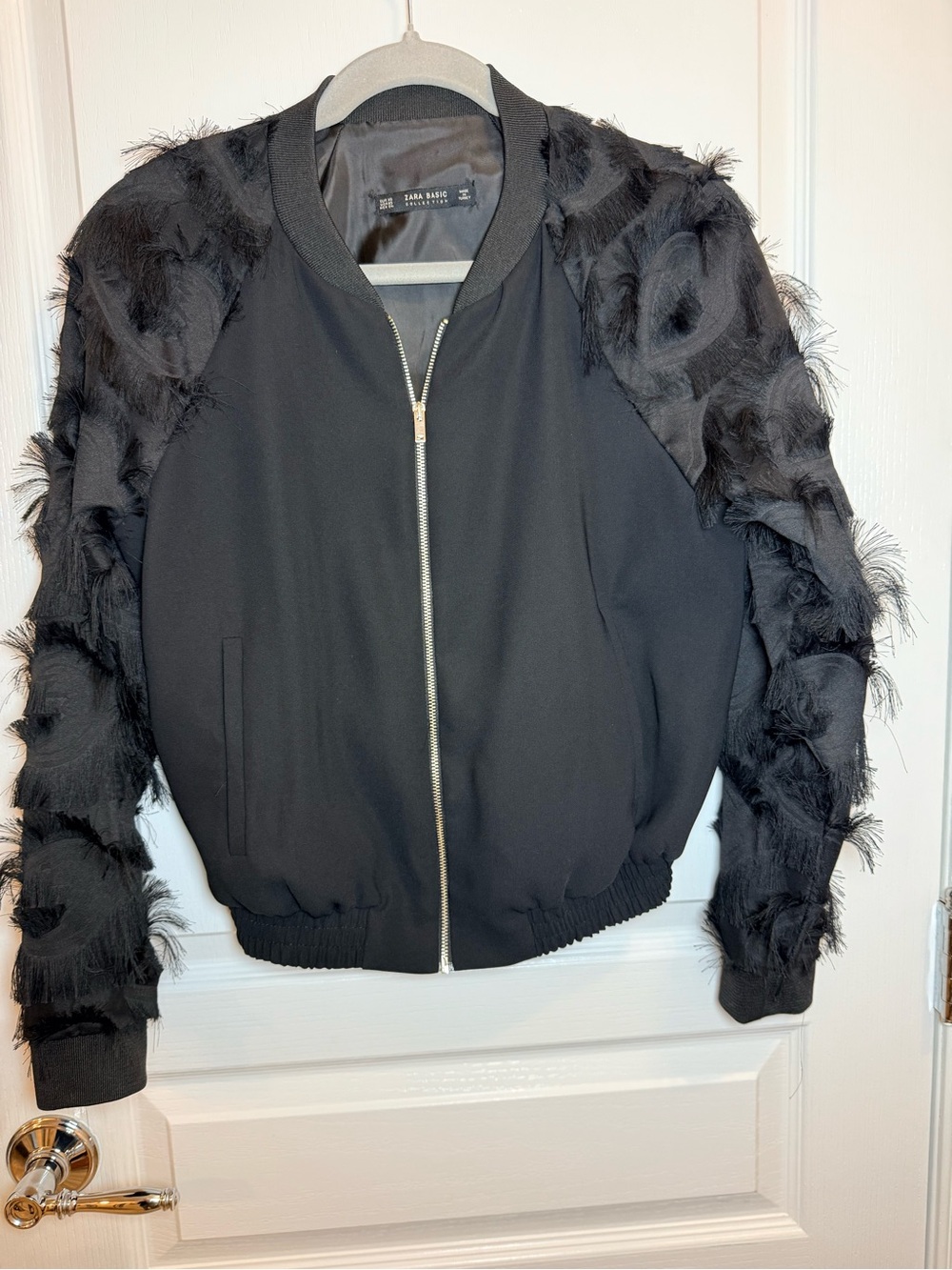 Zara Basic Black Textured Fringe/Feather Sleeve Bomber Jacket XS